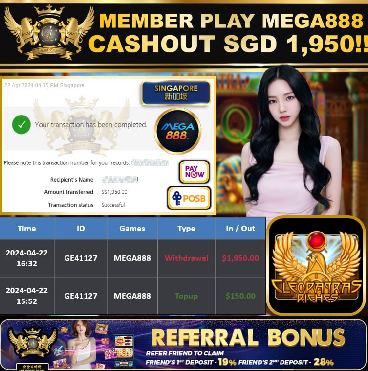 MEGA888 - CLEOPATRA RICHES  - CASHOUT SGD 1,950!!!