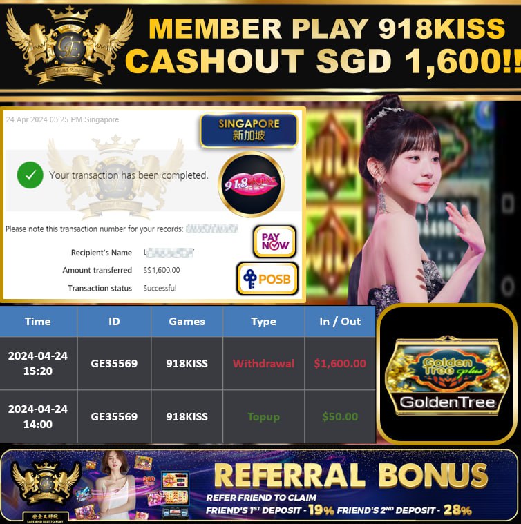 918KISS - GOLDENTREE - CASHOUT SGD 1600!!!