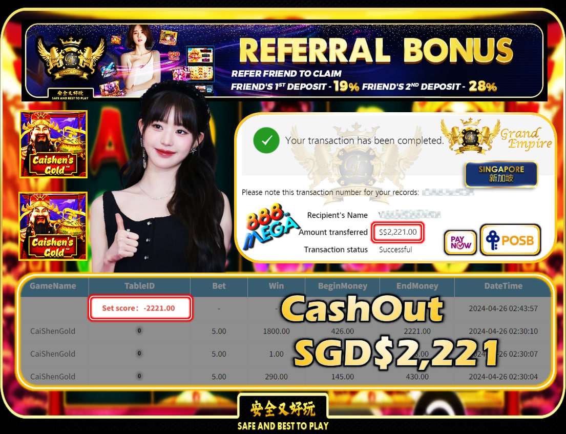 MEGA888 - CAISHENGOLD -  CASHOUT SGD 2,221!!!