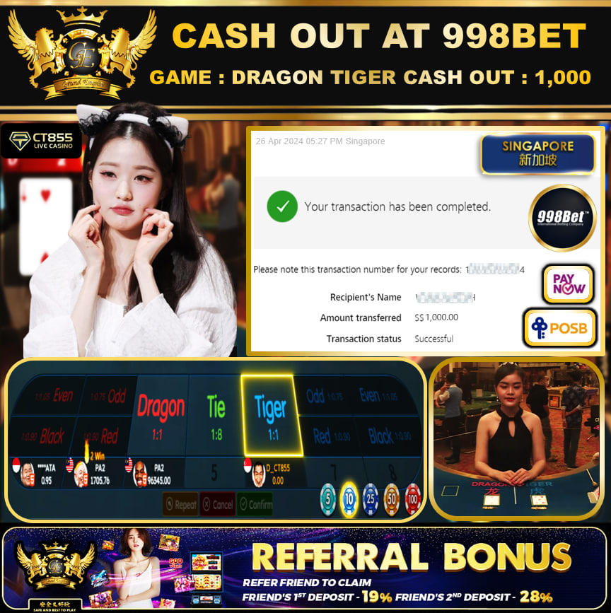 998BET - DRAGON TIGER - CASHOUT SGD 1,000!!!