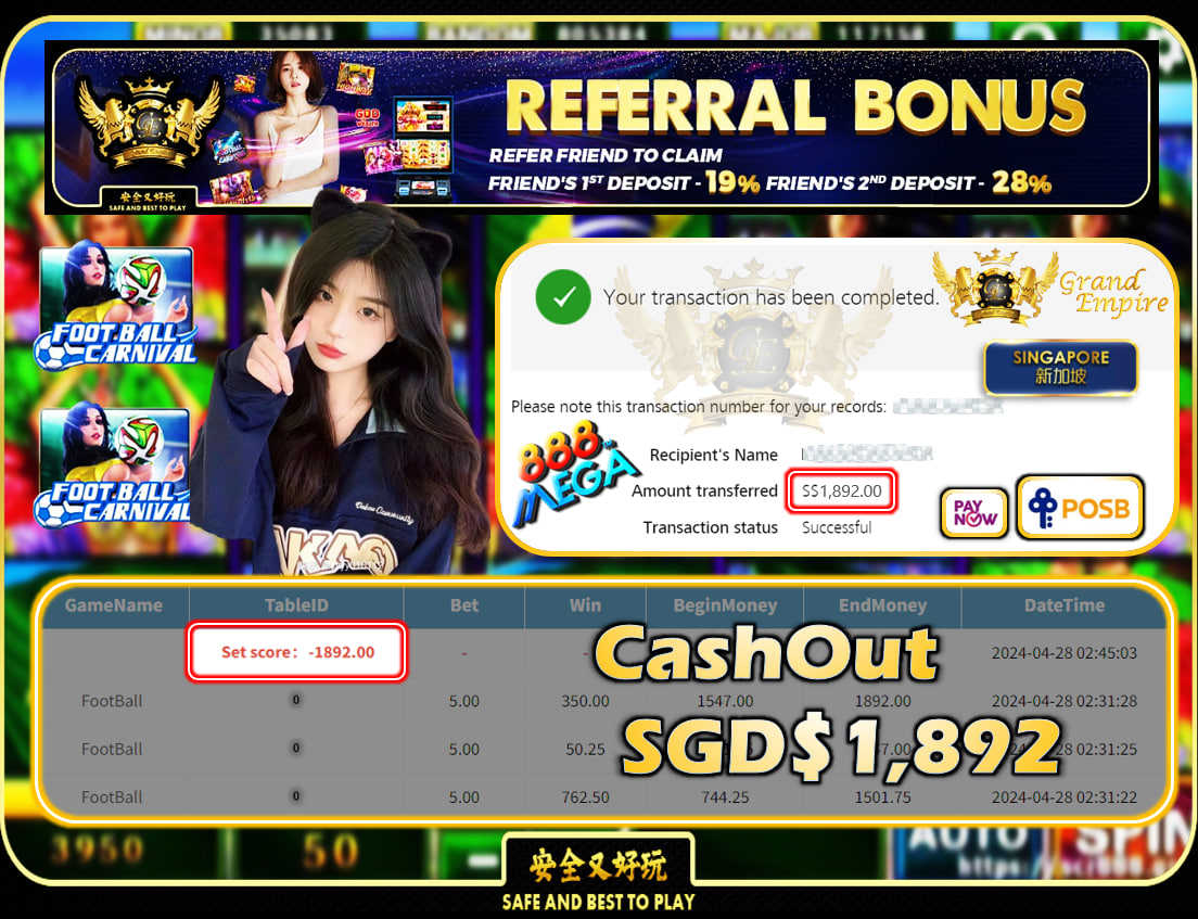 MEGA888 - FOOTBALL -  CASHOUT SGD 1,892!!!