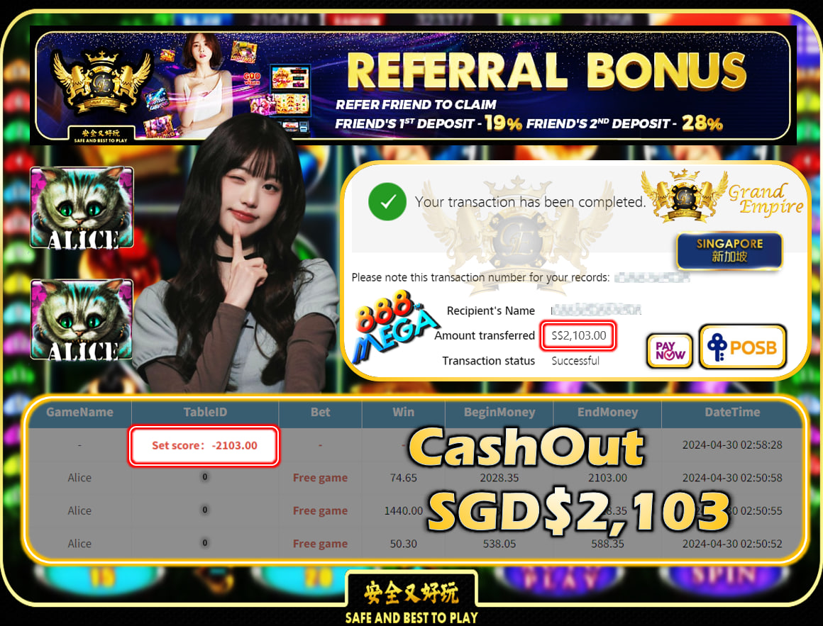 MEGA888 - ALICE -  CASHOUT SGD 2,103!!!