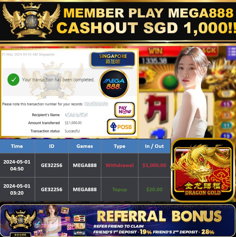MEGA888 - DRAGON GOLD -  CASHOUT SGD 1,000!!!