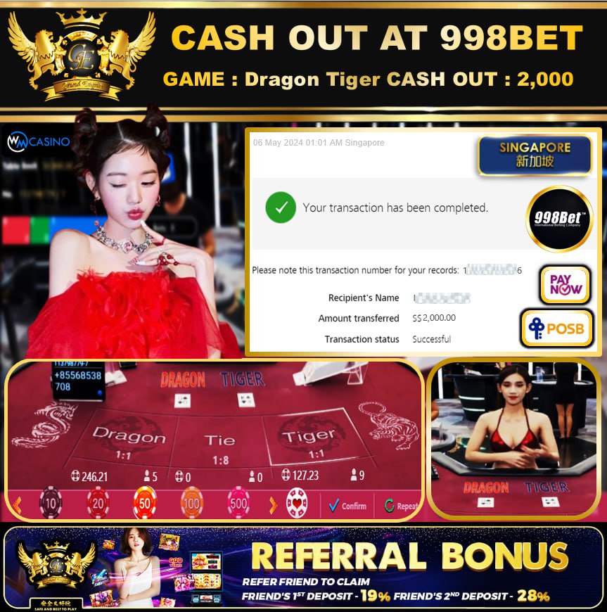 998BET - DRAGON TIGER -  CASHOUT SGD 2,000!!!