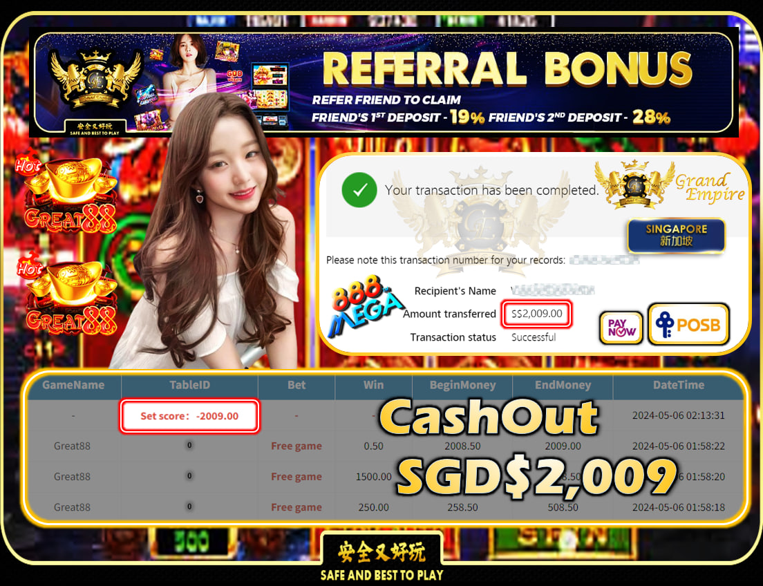 MEGA888 - GREAT88 - CASHOUT SGD 2,009 !!!