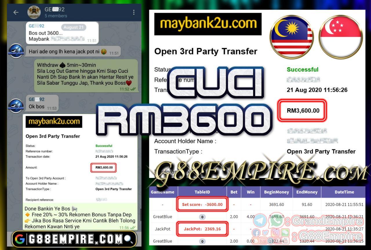 MEMBER MAIN GREATBLUE KENA JACKPOT CUCI RM3600!!!