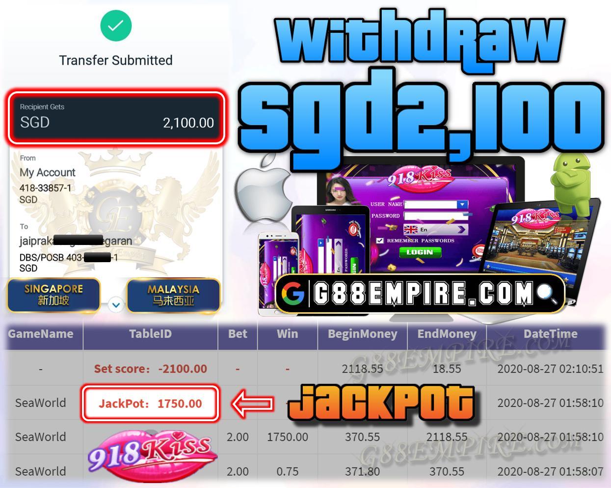 SEAWORLD JACKPOT WITHDRAW SGD2,100 !!