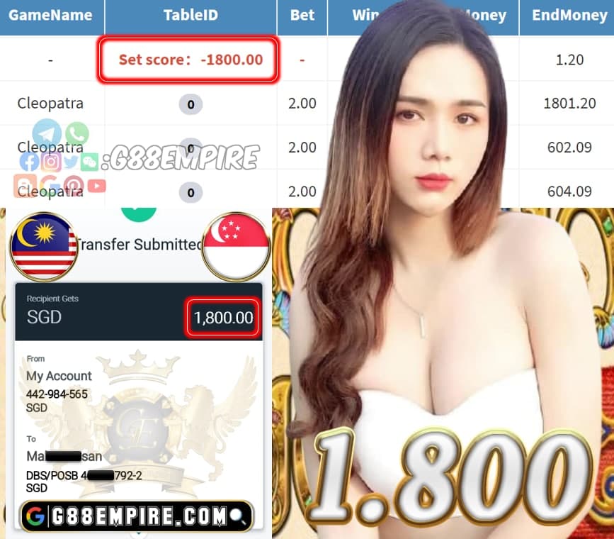 MEMBER PLAY CLEOPATRA CASH OUT SGD 1.800!!!