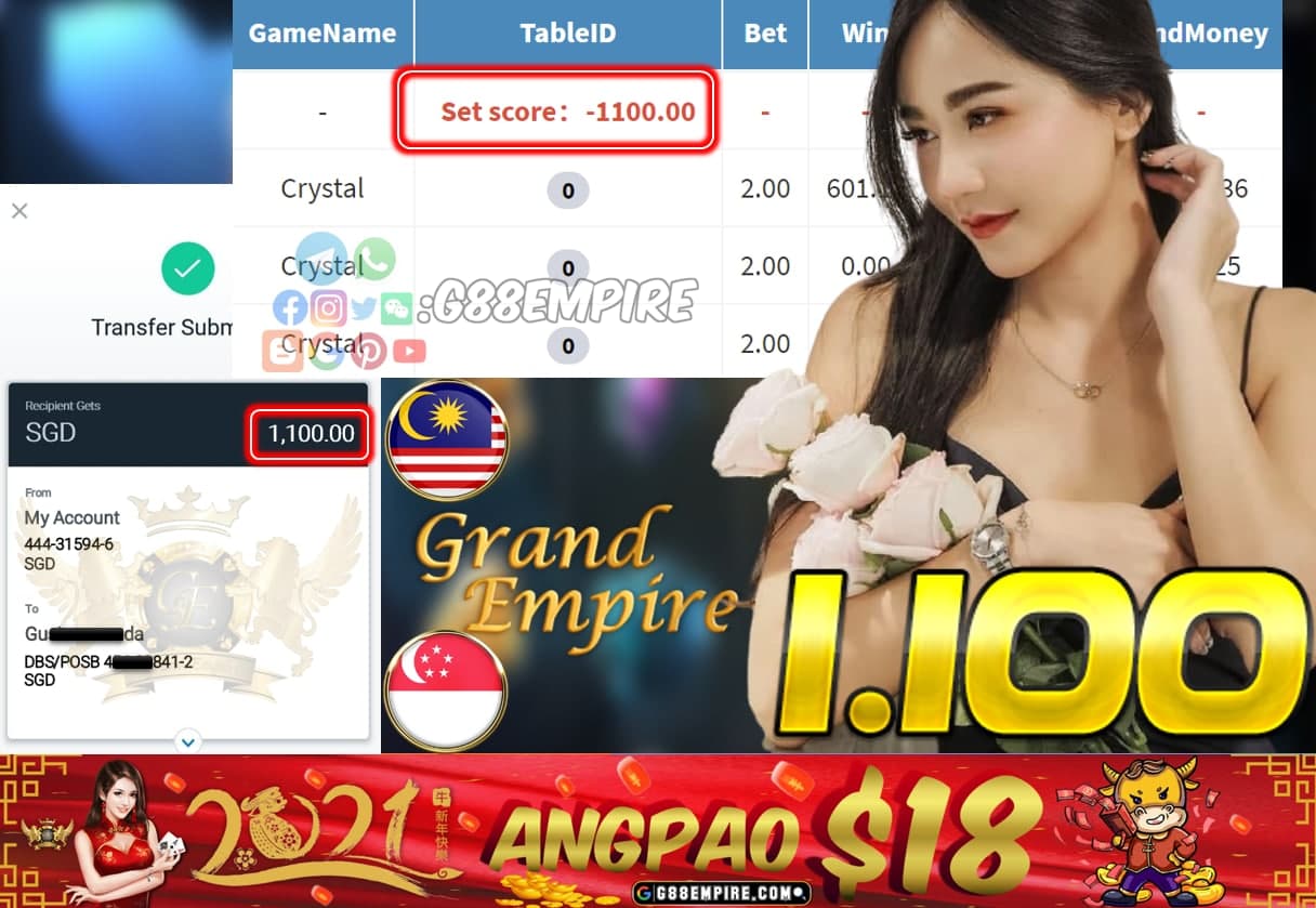 MEMBER PLAY CRYSTAL CASH OUT SGD 1.100!!!