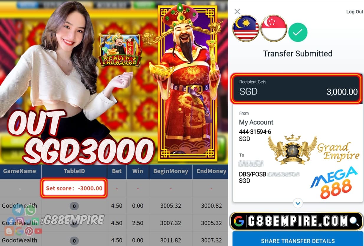 MEGA888 - GOD OF WEALTH OUT SGD3000!!!