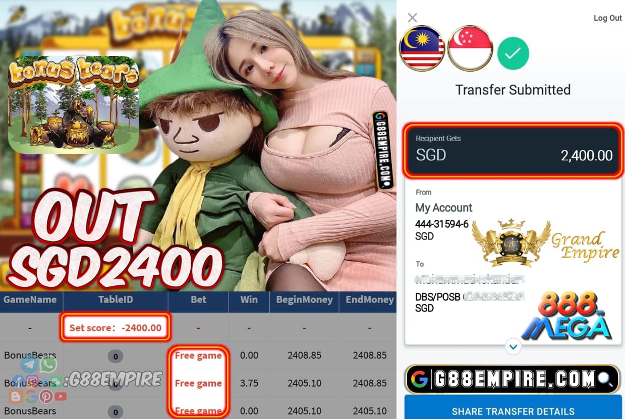 MEGA888 - BONUS BEARS OUT SGD2400!!!