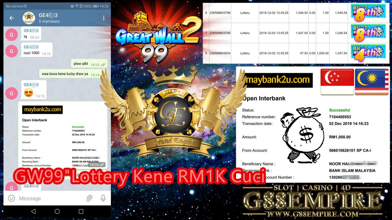 MEMBER MAIN GW99 LOTTERY MINTA CUCI RM1,000 !!