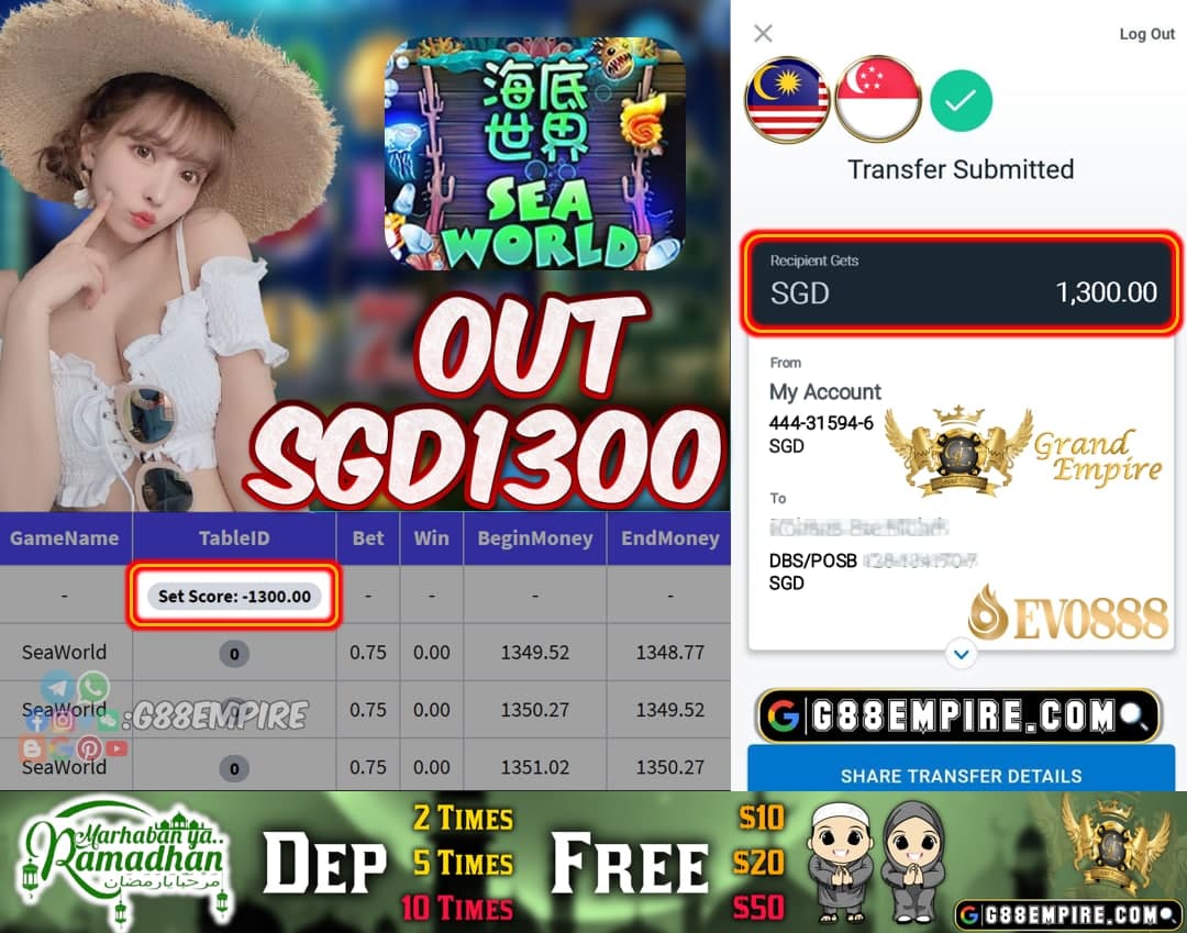 EVO888 - SEAWORLD CASHOUT SGD1300!!!