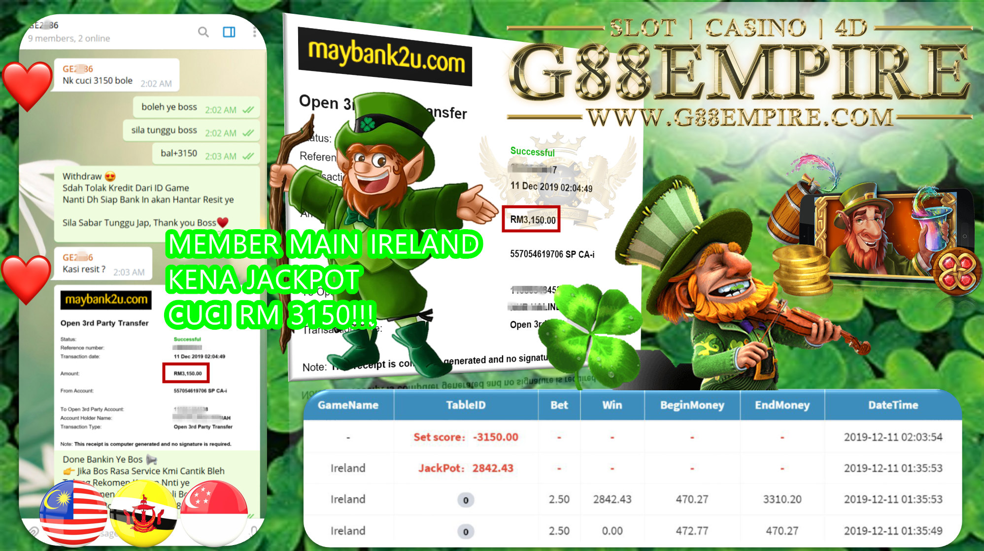 MEMBER MAIN IRELAND KENA JACKPOT CUCI RM3150!!!