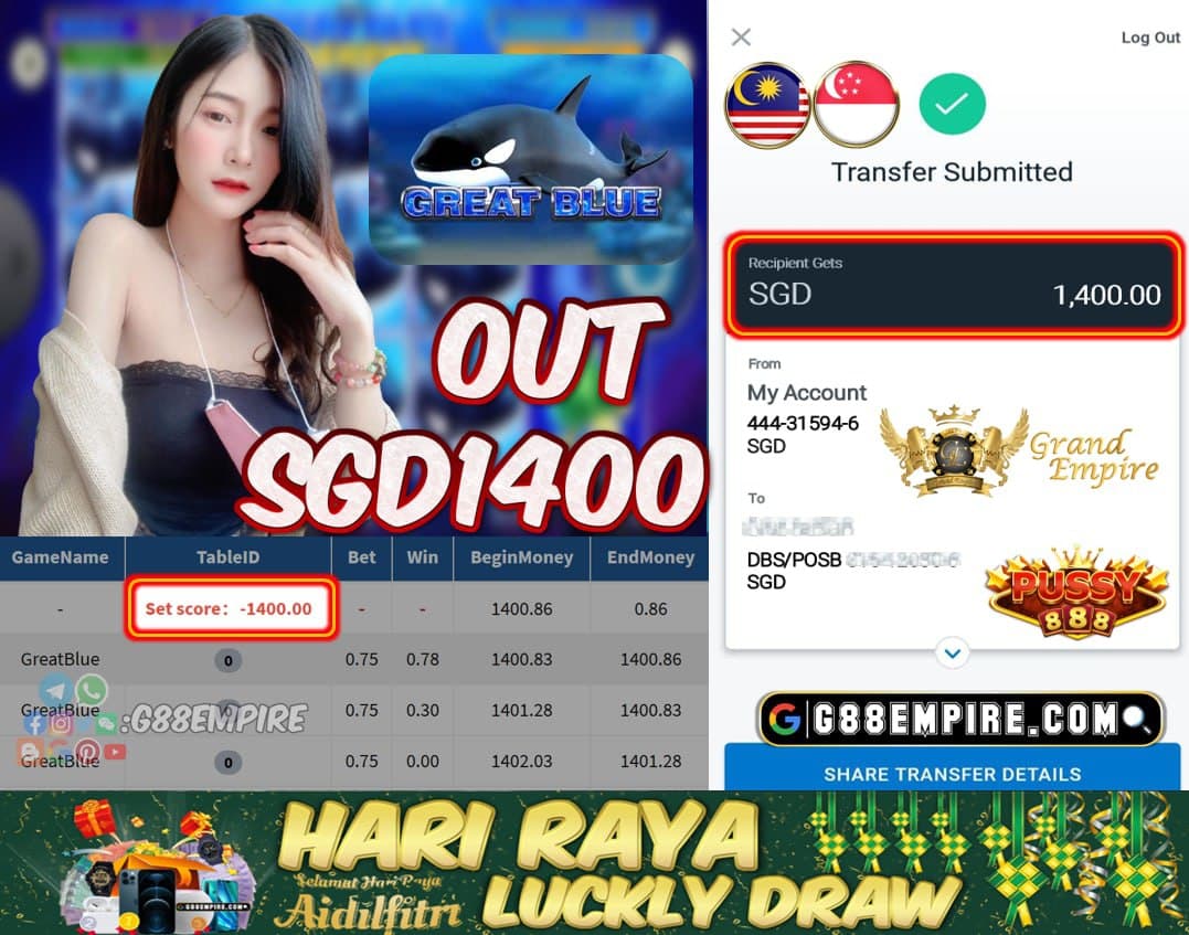 PUSSY888 - GREATBLUE CASHOUT SGD1400!!!