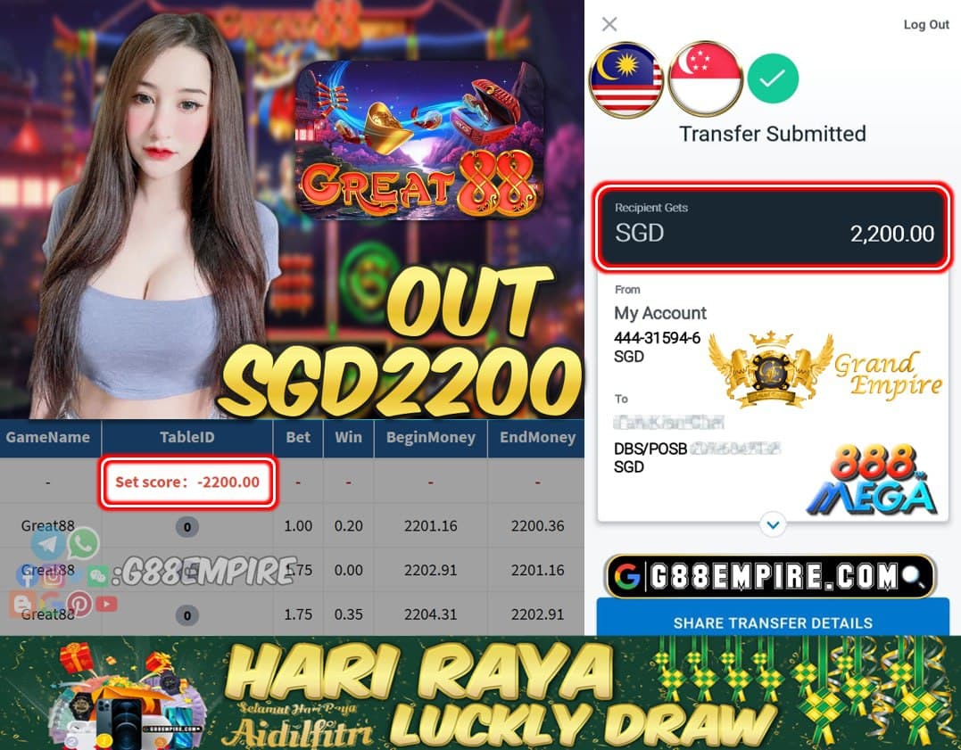 MEGA888 - GREAT88 CASHOUT SGD2200 !!!