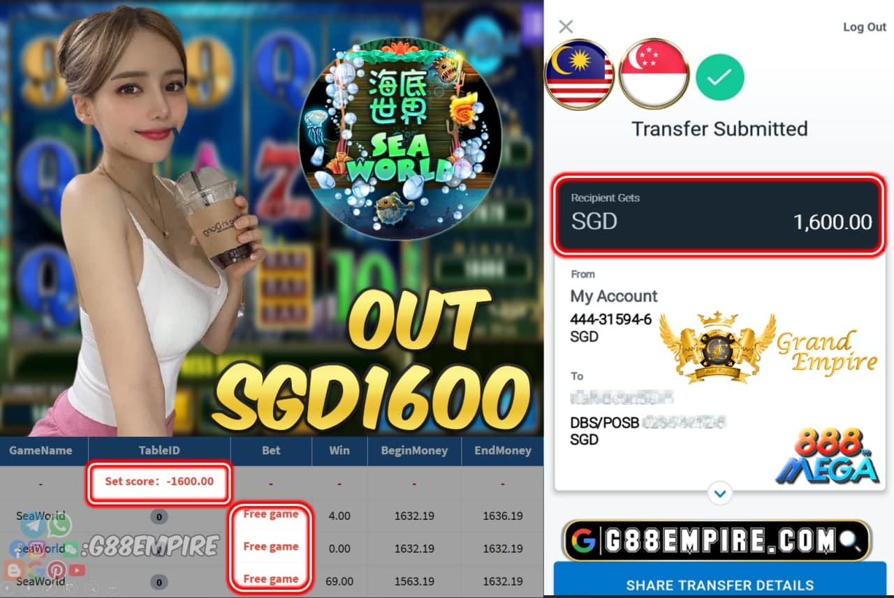 MEGA888 - SEAWORLD CASH OUT SGD1600 !!!