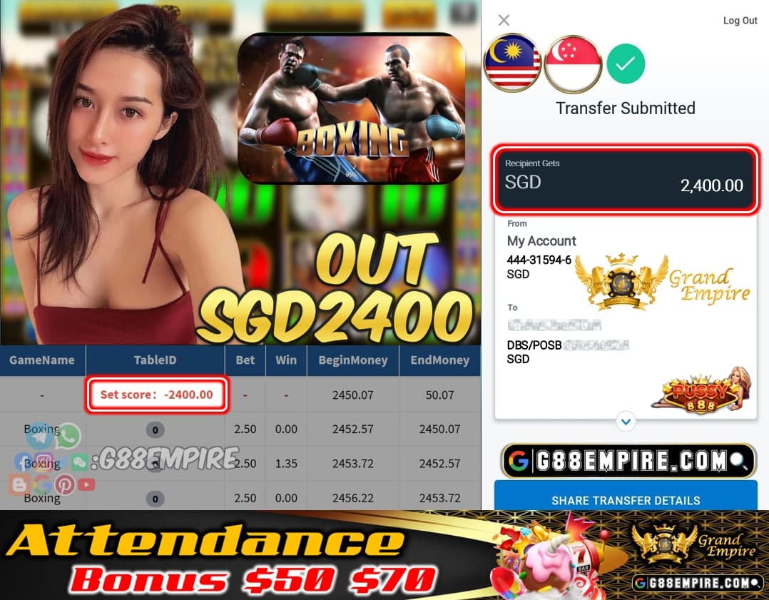 PUSSY888 - BOXING CASHOUT SGD2400 !!!