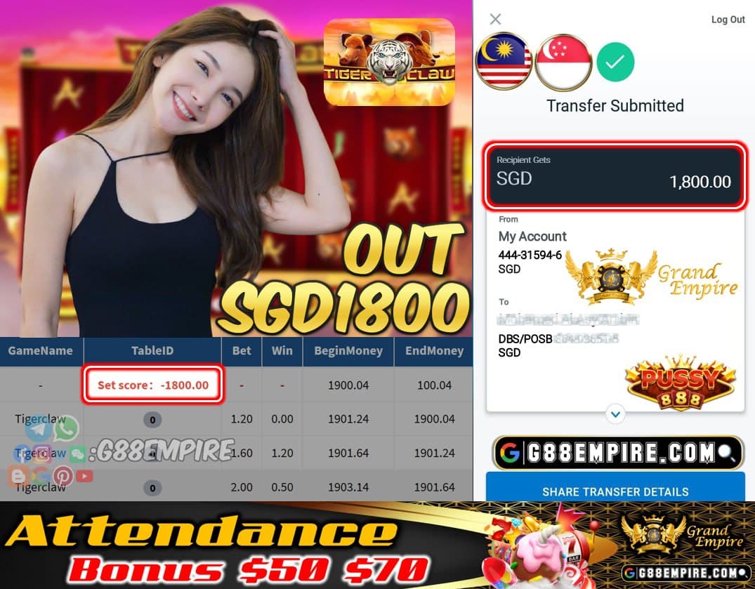 PUSSY888 - TIGERCLAW CASHOUT SGD1800 !!!