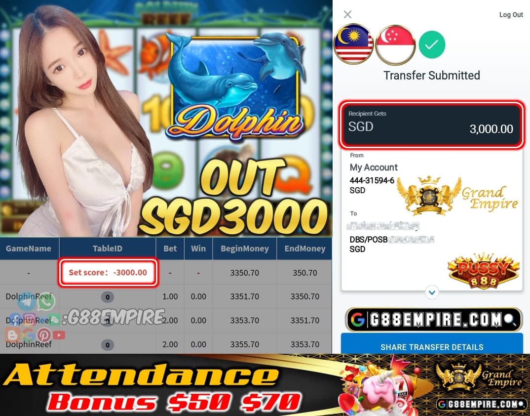 PUSSY888 - DOLPHINREEF CASHOUT SGD3000 !!!