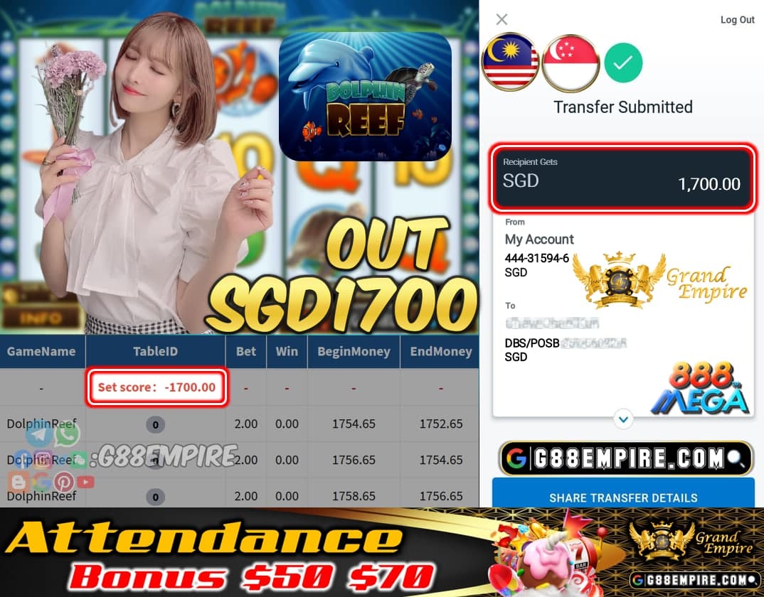 MEGA888 - DOLPHINREEF CASHOUT SGD1700 !!!