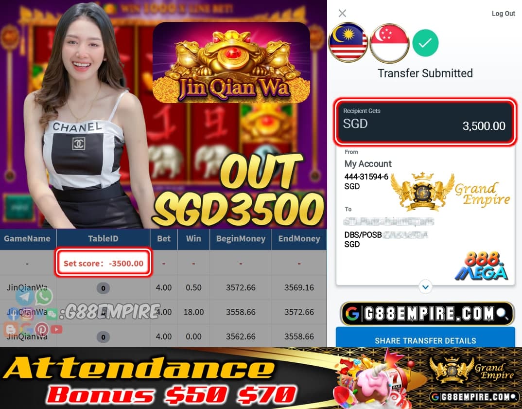 MEGA888 - JINQIANWA CASHOUT CASHOUT SGD3500 !!!