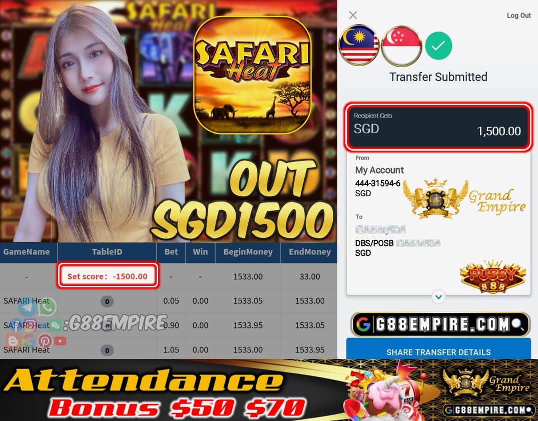 PUSSY888 - SAFARI CASHOUT SGD1500 !!!