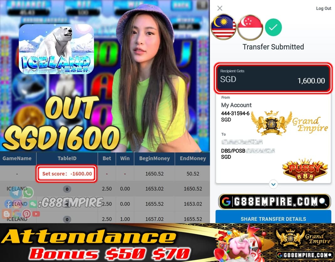 PUSSY888 - ICELAND CASHOUT SGD1600!!!