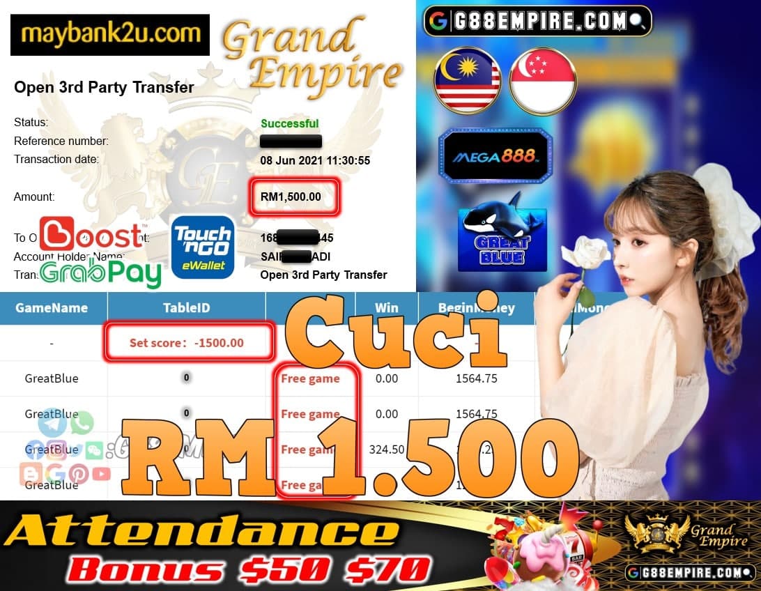 MEGA888-GREATBLUE CUCI RM1,500!!!