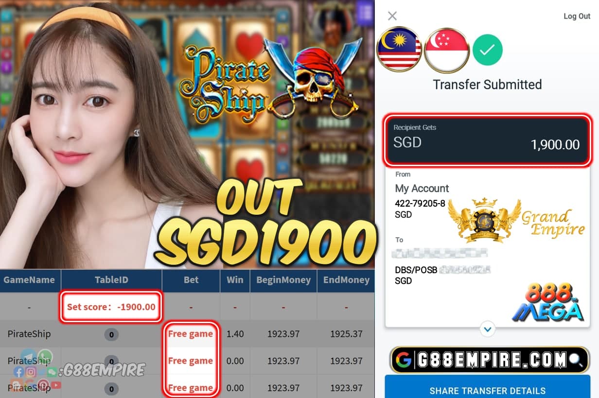 MEGA888 - PIRATESHIP CASHOUT SGD1900 !!!