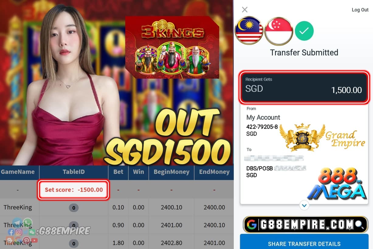 MEGA888 - THREEKING CASHOUT SGD1500 !!!