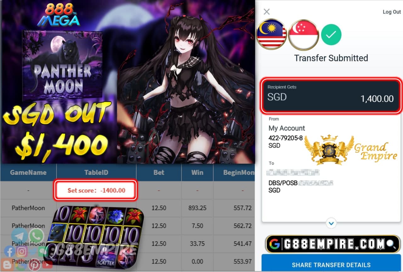 MEGA888 - PATHERMOON CASHOUT SGD1400 !!!