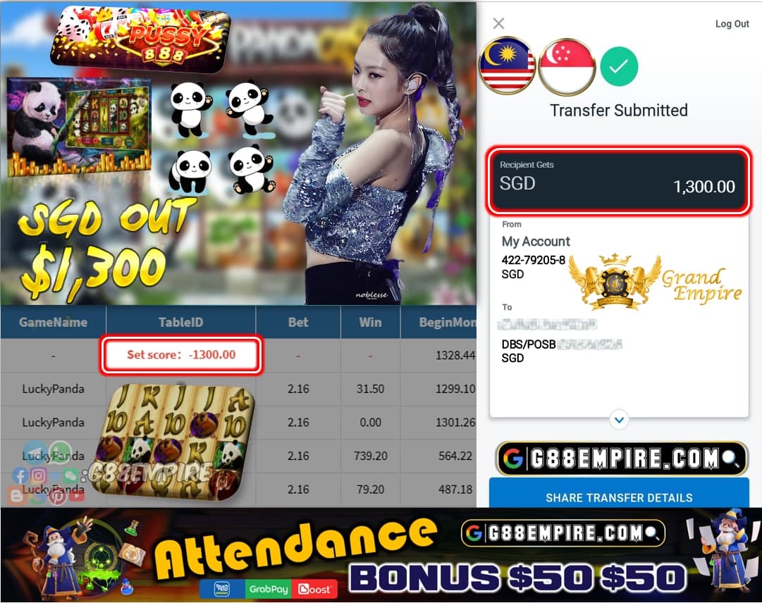 PUSSY888 - LUCKYPANDA CASHOUT SGD1300 !!!