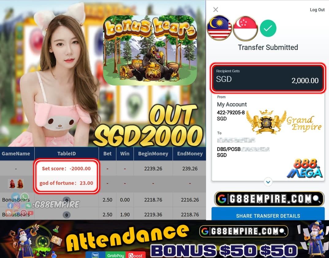 MEGA888 - BONUSBEARS CASHOUT SGD2000 !!!