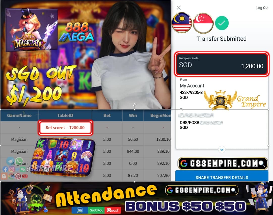 MEGA888 - MAGICIAN CASHOUT SGD1200 !!!