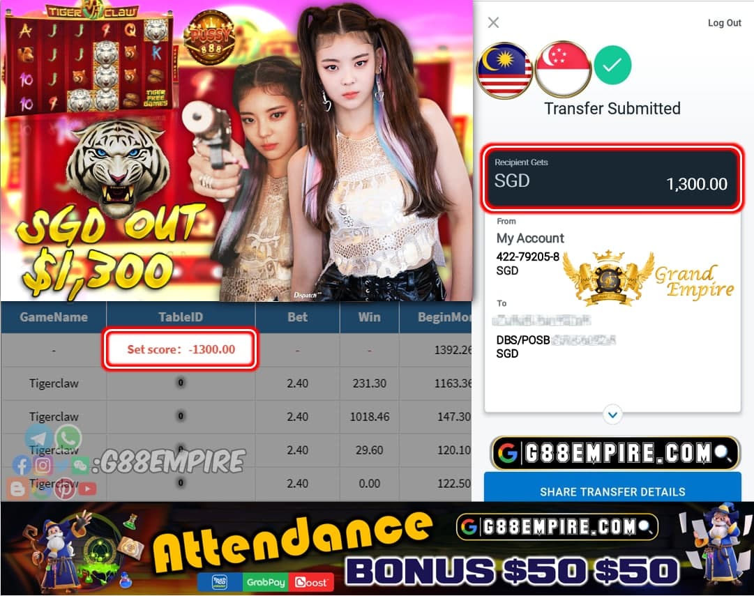 PUSSY888 - TIGERCLAW CASHOUT SGD1300 !!!
