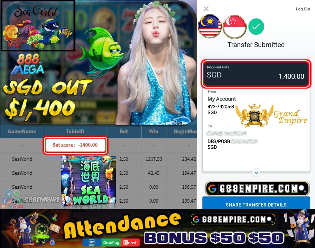 MEGA888 - SEAWORLD CASHOUT SGD1400 !!!