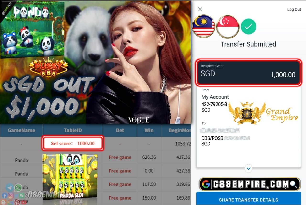 PUSSY888 - PANDA CASHOUT SGD1000 !!!