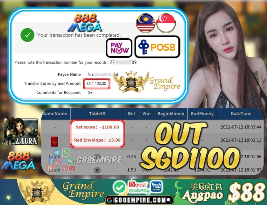 MEGA888 - LAURA CASHOUT SGD1100 !!!