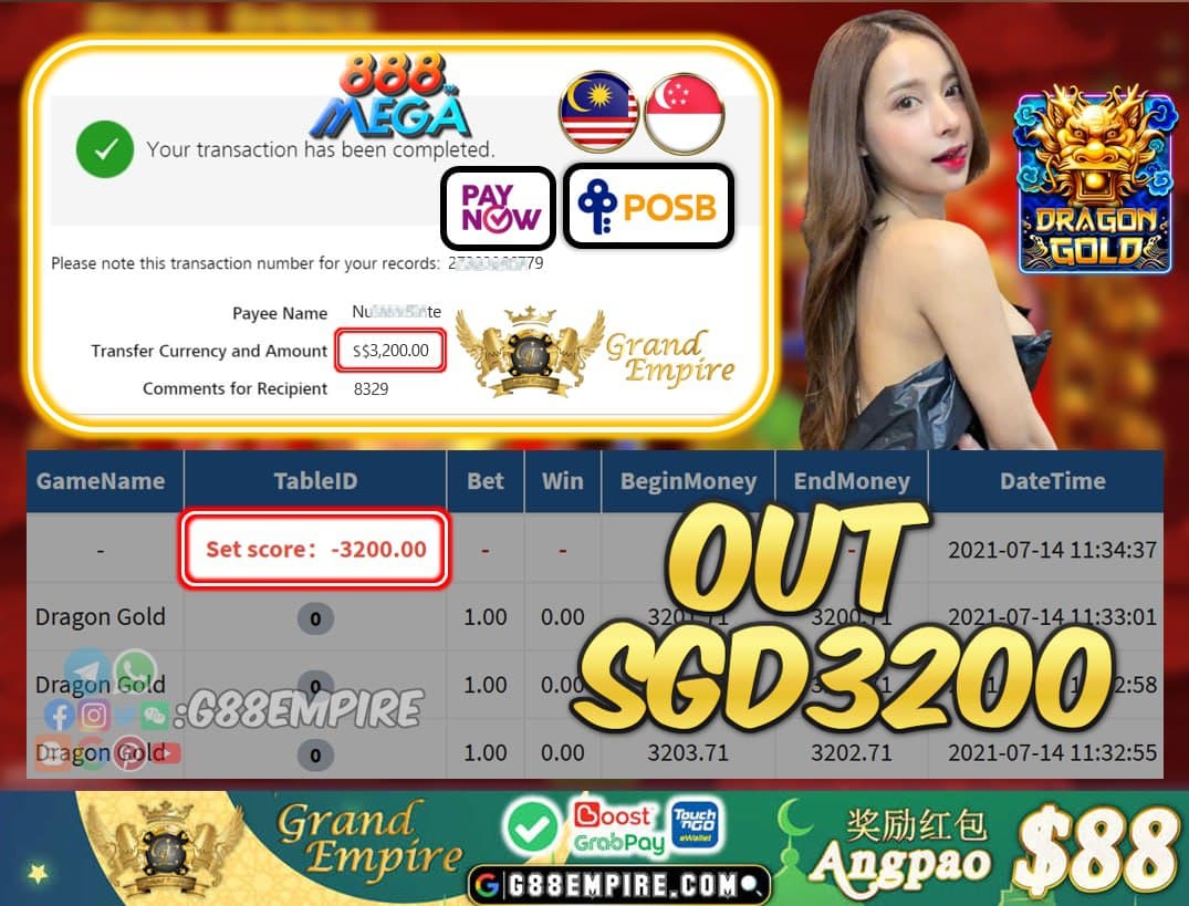 MEGA888 - DRAGONGOLD CASHOUT SGD3200 !!!