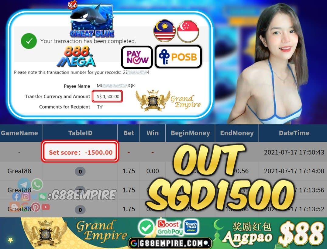 MEGA888 - GREAT88 CASHOUT SGD1500 !!!