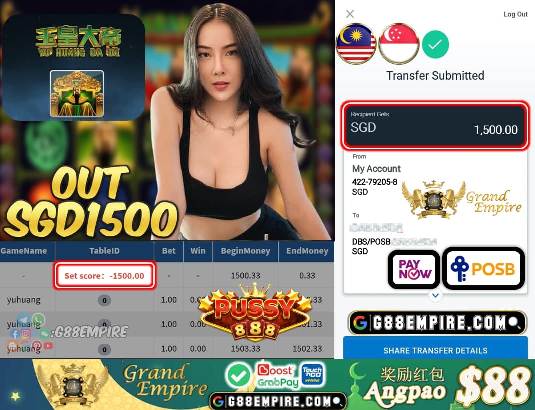 PUSSY888 - YUHUANG CASHOUT SGD1500 !!!