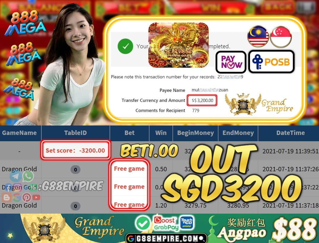 MEGA888 - DRAGONGOLD CASHOUT SGD3200 !!!