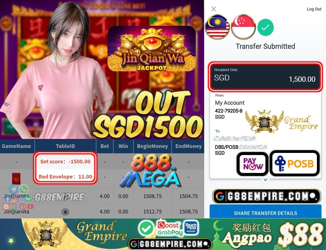 MEGA888 - JINGQIANWA CASHOUT SGD1500 !!!