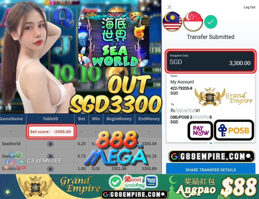 MEGA888 - SEAWORLD CASHOUT SGD3300 !!!