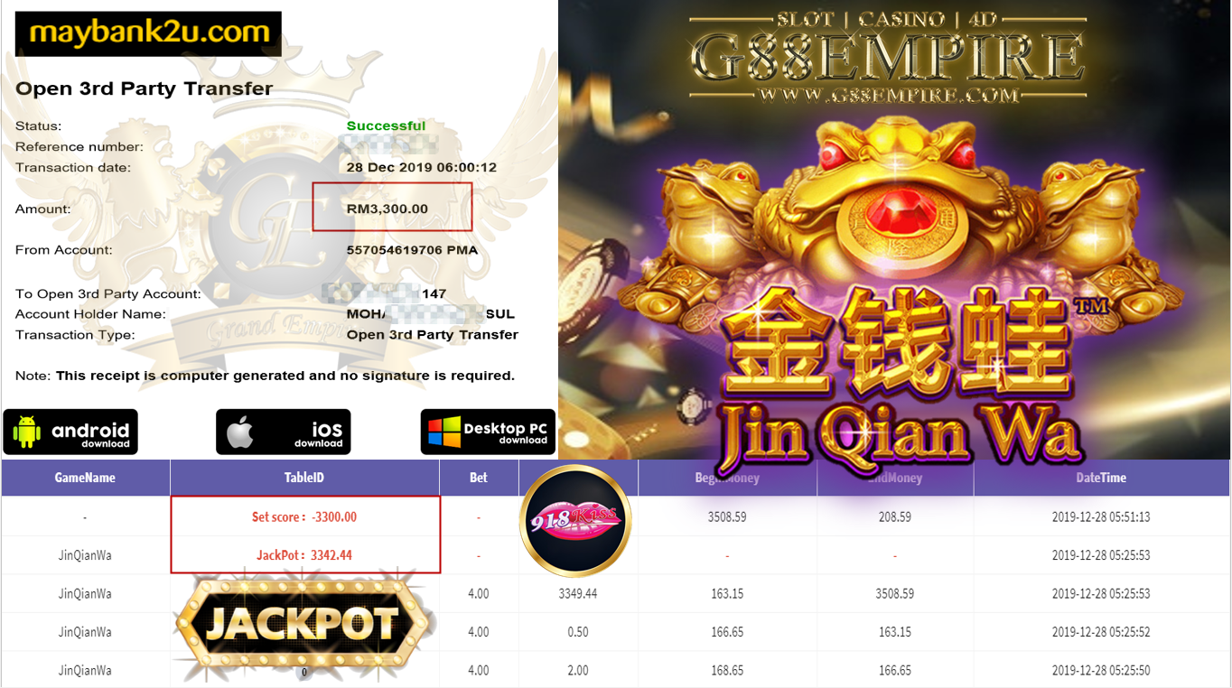 MENBER MAIN 918KISS JINQIANWA DPT JACKPOT CUCI RM3300!!!!