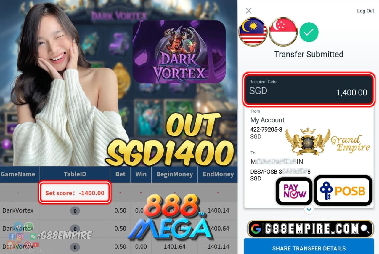 MEGA888 - DARKVORTEX CASHOUT SGD1400 !!!