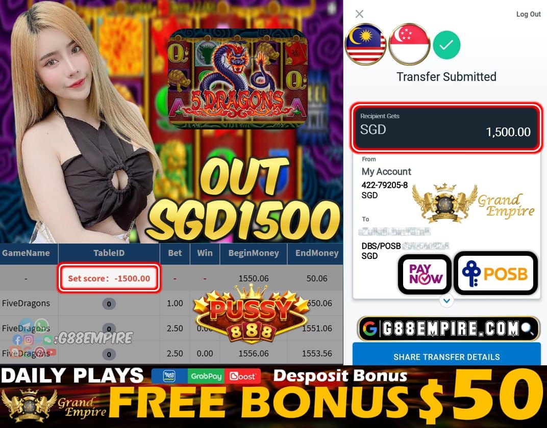 PUSSY888 - FIVEDRAGON CASHOUT SGD1500 !!!