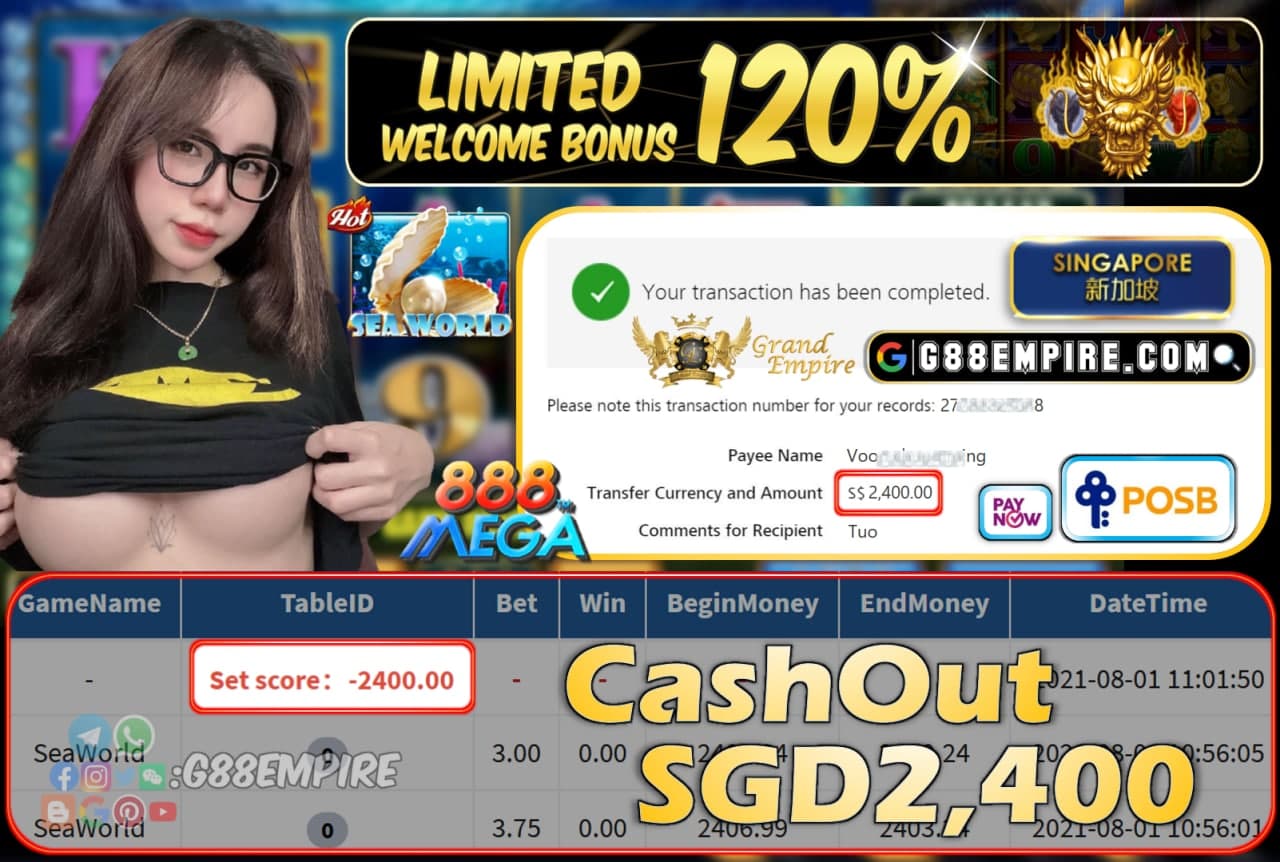 MEGA888 - SEAWORLD CASHOUT SGD2,400 !!!