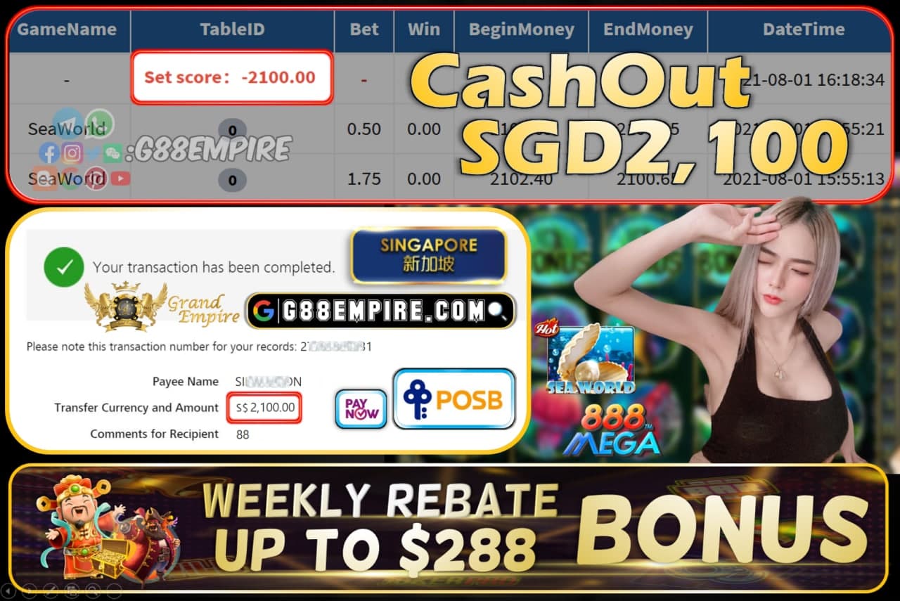 MEGA888 - SEAWORLD CASHOUT SGD2100 !!!